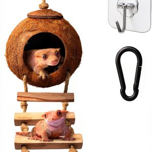 Leopard & Crested Gecko Coconut Cave Reptile Hide with Ladder, Snake Natural Coco Shell Hut Hideout, Terrarium Tank Decor Accessories, Hamster Climbing Toy, with Sticky Wall & Carabiner Hook-0